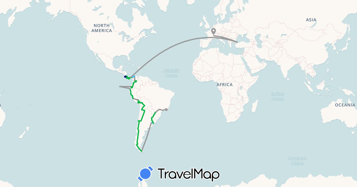 TravelMap itinerary: driving, bus, plane, hiking, boat in Argentina, Bolivia, Brazil, Chile, Colombia, Costa Rica, Ecuador, France, Panama, Peru, Turkey, Uruguay (Asia, Europe, North America, South America)